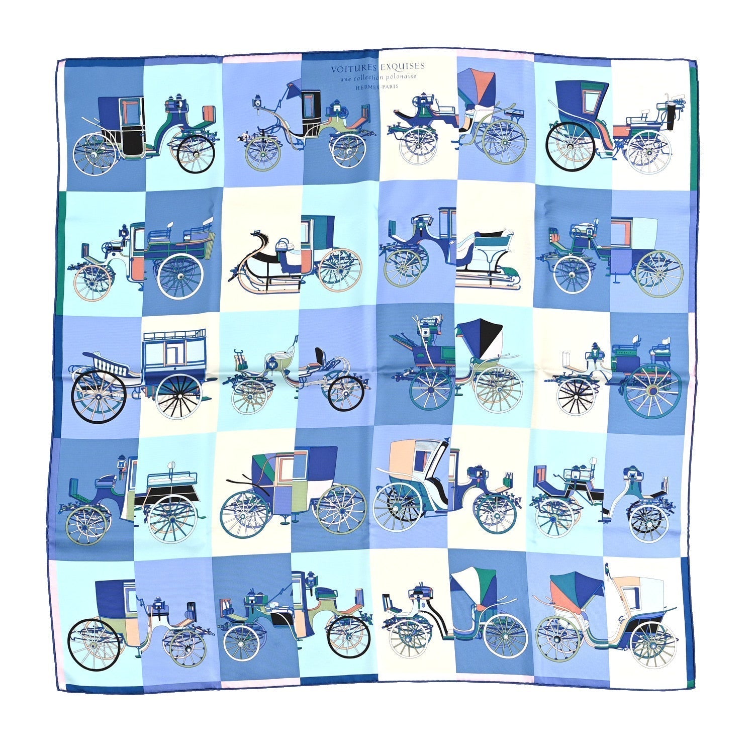 Silk Voitures Exquises Scarf 90 Bleu Jean Aqua White