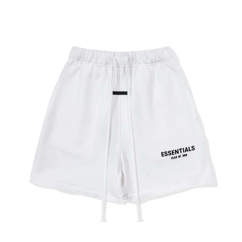 Fog Essentials White Elastic Waist Drawstring Logo Print Casual Street‑Wear Sweat Shorts