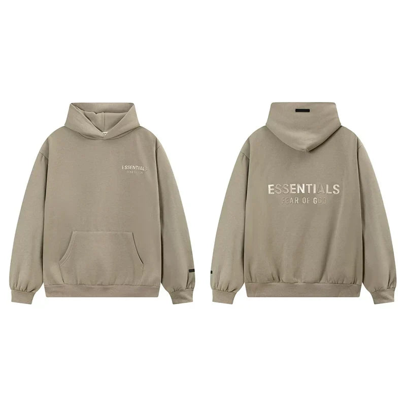 Fog Essentials Khaki Taupe Fleece‑Lined Oversized Pullover Hoodie Chest Logo Print