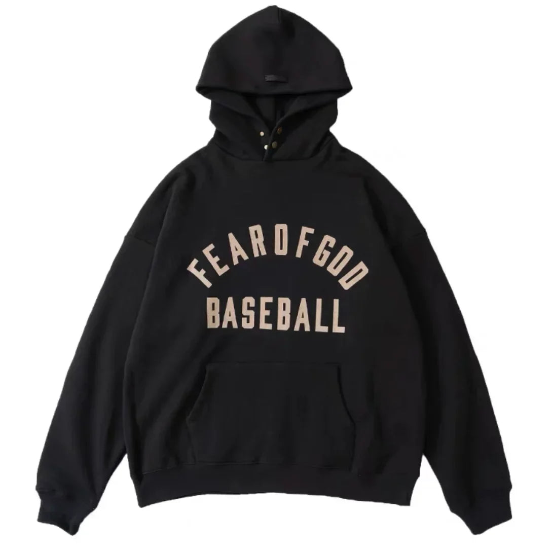 Fog Essentials Black Oversized Hoodie “FEAR OF GOD BASEBALL” Chest Graphic