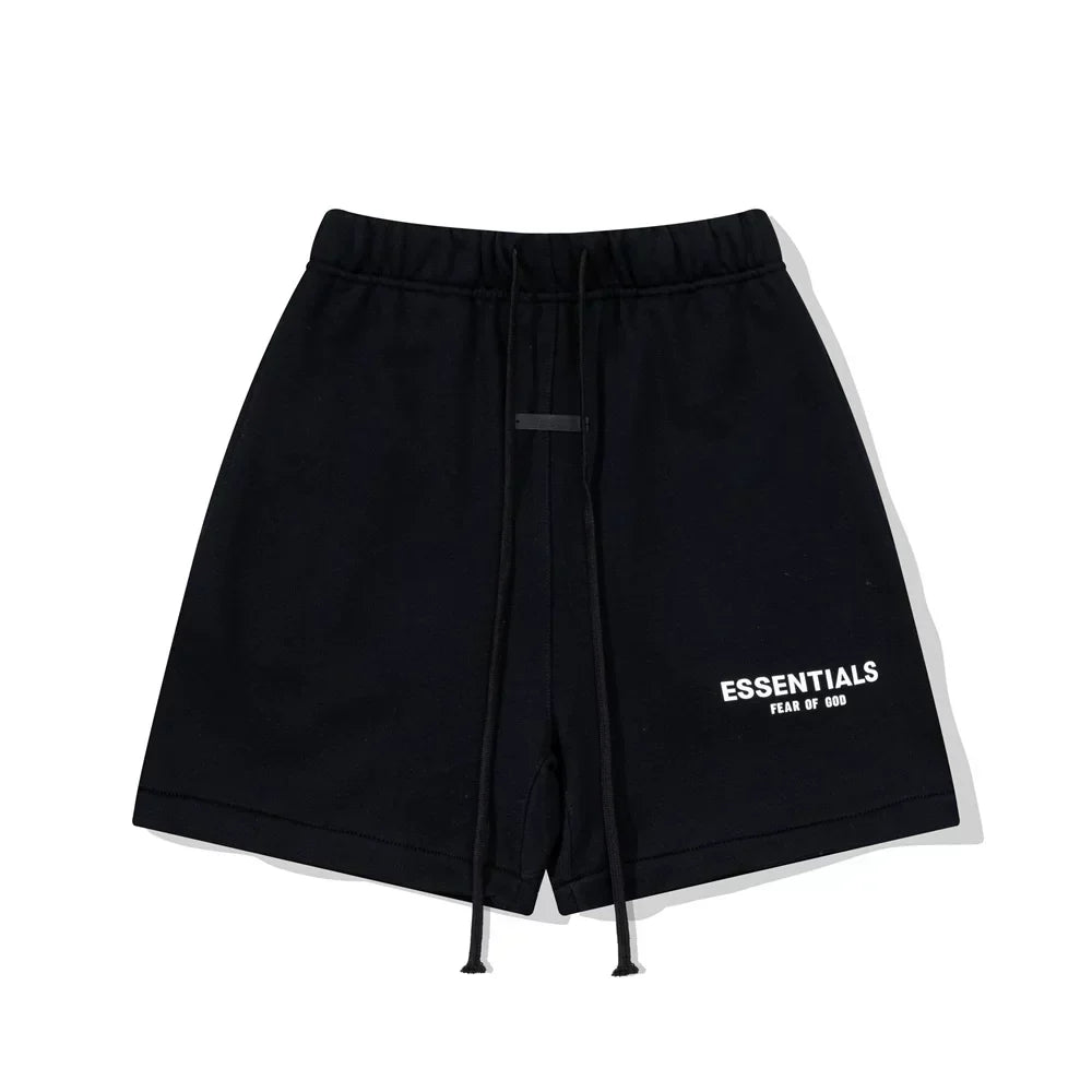 Fog Essentials Black Elastic Waist Drawstring White Logo Print Casual Street‑Wear Sweat Shorts